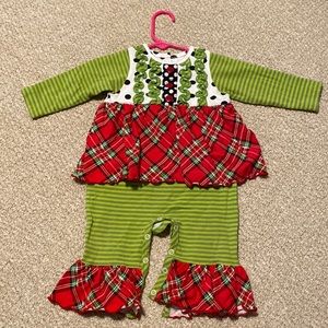 Ricrac & Ruffles one piece outfit, 6/9 months, red, green, black and white.